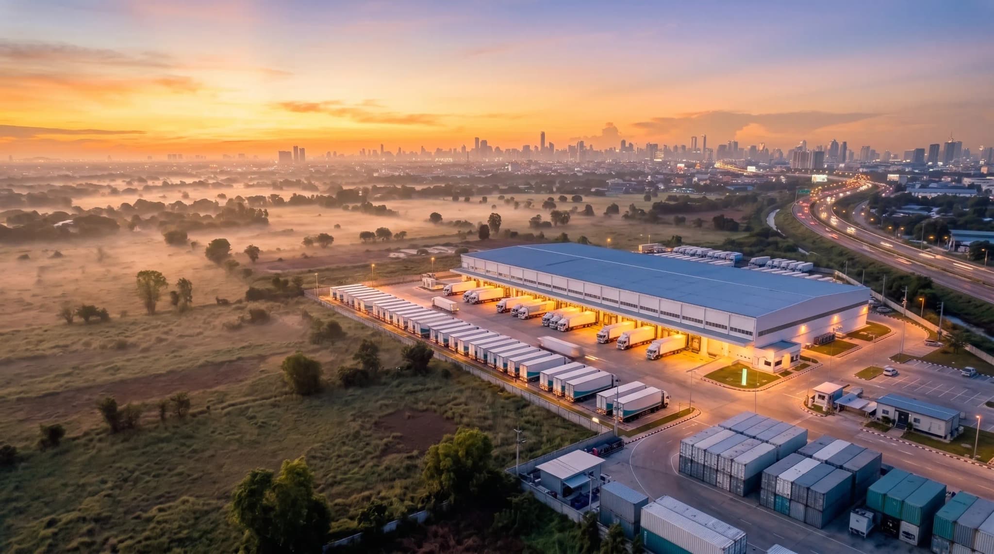 Aerial view of a cargo port at dusk